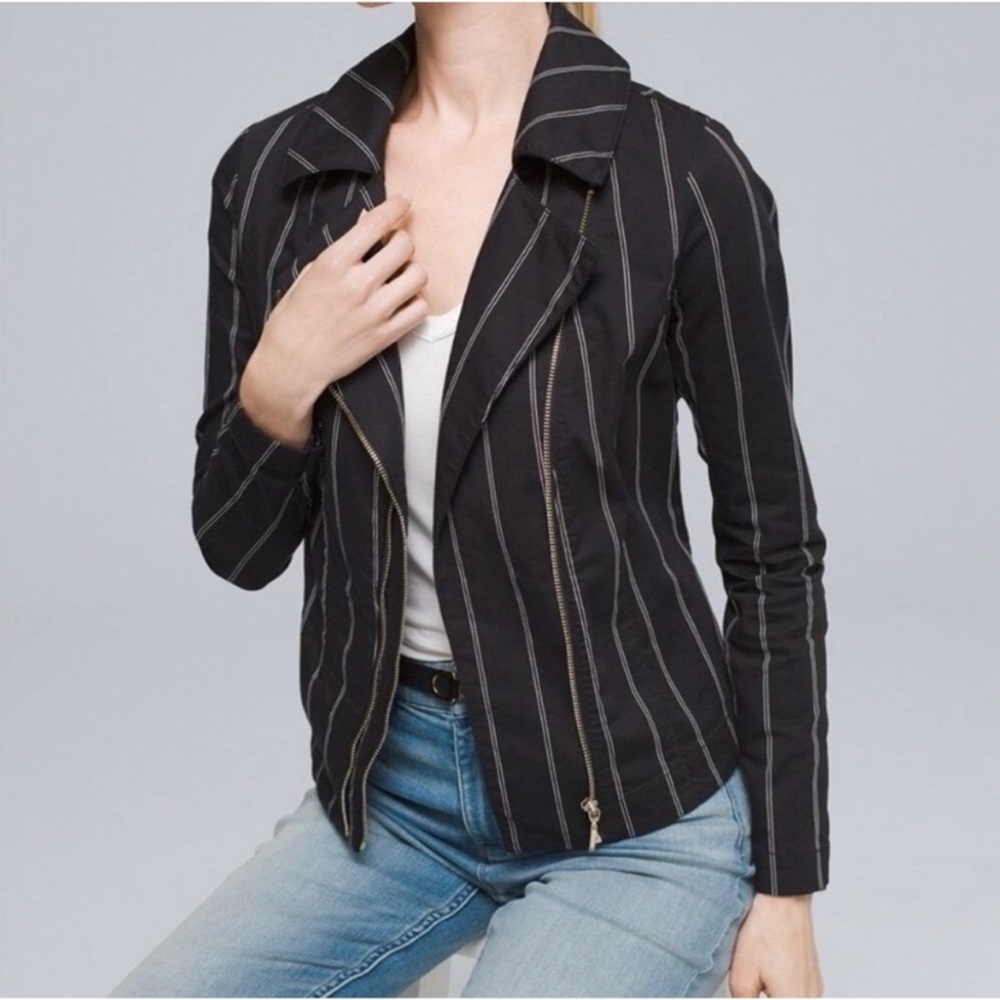 White House Black Market Washed Stripe Double Zipper Moto Jacket
